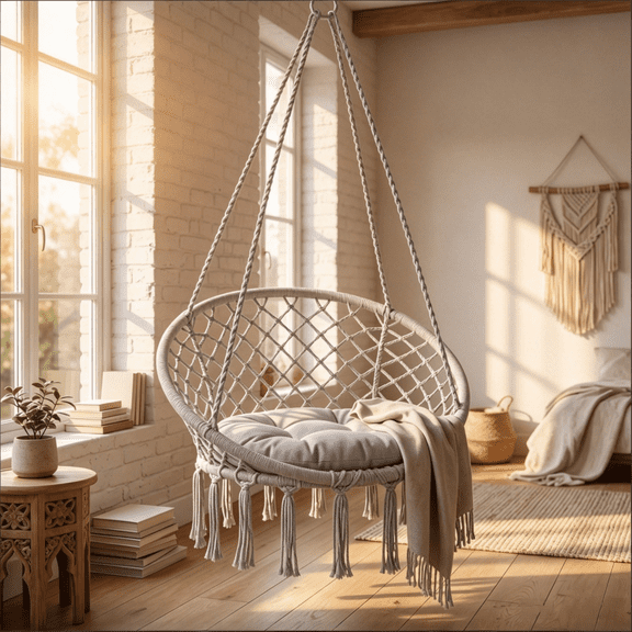 Macrame Hammock Chair, Indoor Swing Chair with Cushion, Gray Boho Hanging Chair for Bedroom Living Room, 330 Lbs