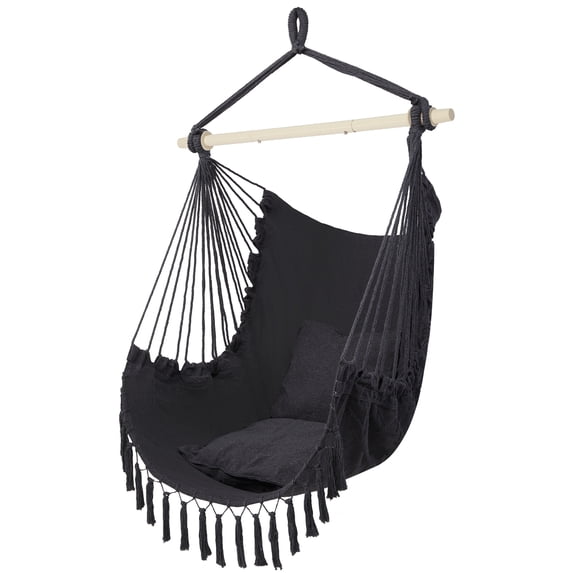 Macrame Hammock Chair Rope Swing, 550 Lbs Capacity, Two Cushions & Portable Steel Spreader Bar for Indoor/Outdoor,Dark Gray