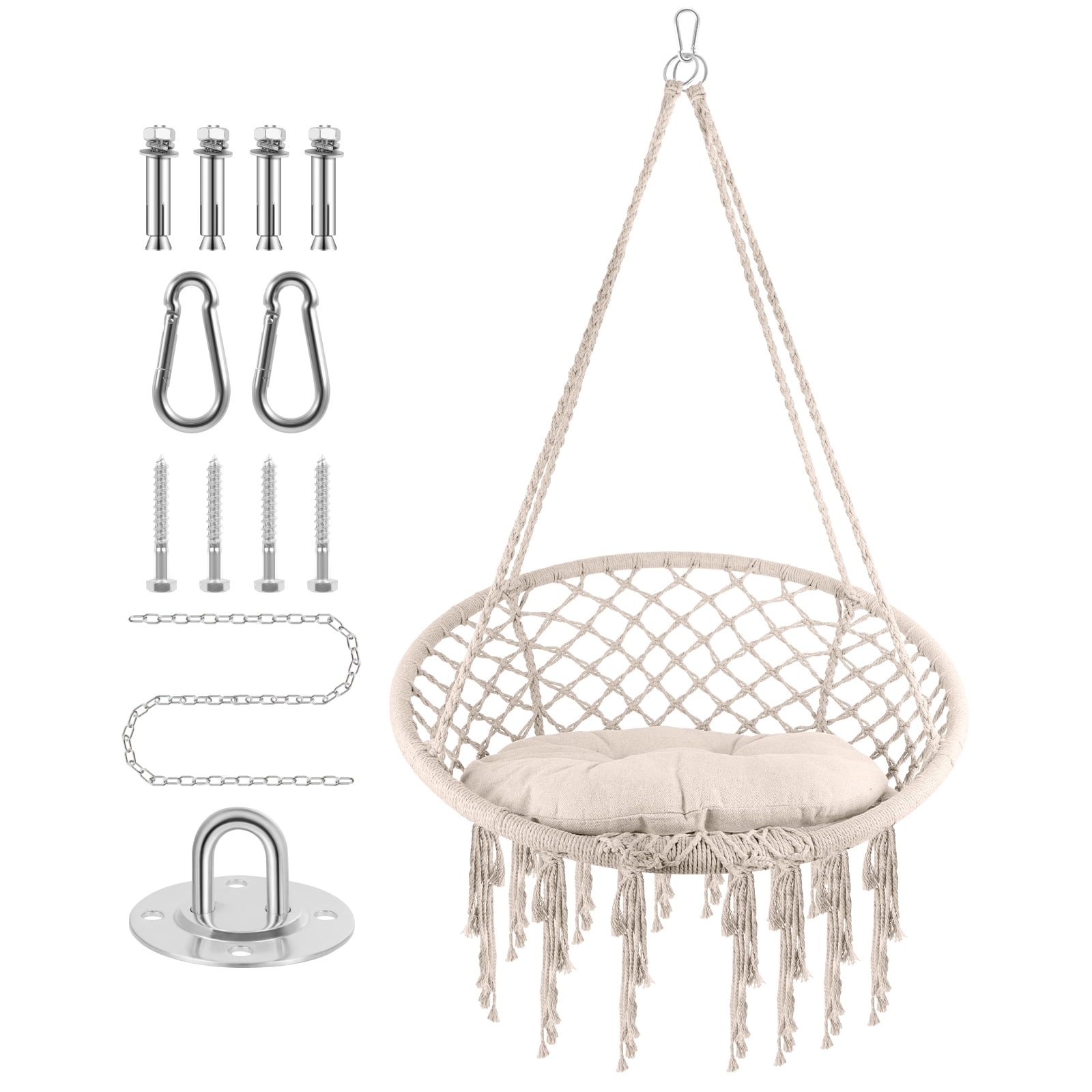 Macrame Hammock Chair Rope Swing, Hanging Cotton Kits - Hand-Woven Rope, Steel Spreader Bar Anti-Slip Rings, Cream White, Firmly Woven, Easy Assembly, Soft, for Porch Patio