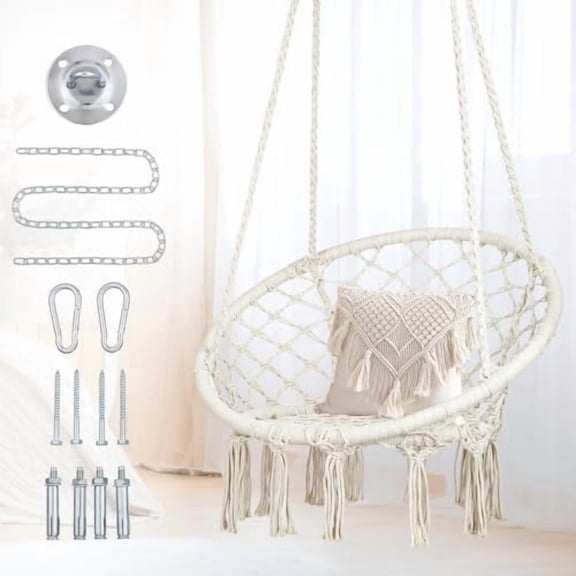 Macrame Hammock Chair Swing with Hardware Kits, Handmade Knitted Hanging Chair for Bedroom,Indoor,Outdoor, Balcony, Yard, Porch- 265 Pound Capacity -29.53" L x 29.53" W x 45.28" H