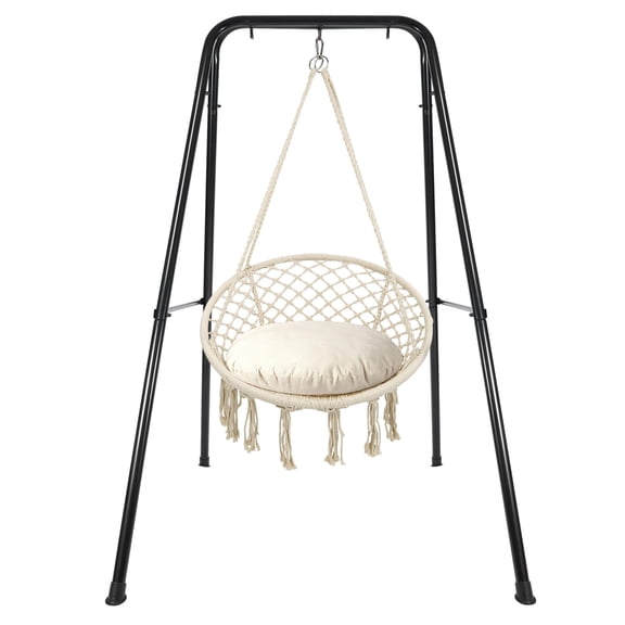 Macrame Hammock Chair With Stand Beige Cotton Rope Swing For Adults