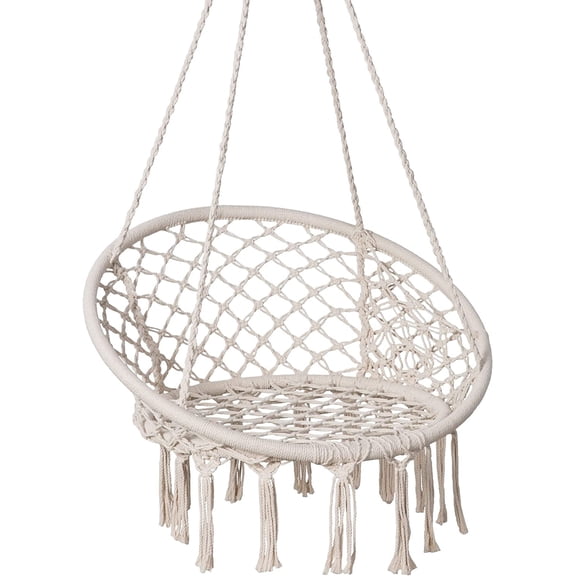 Macrame Hammock Chair with Side Pocket, Cotton Rope Swing, 330 lbs Capacity, Beige