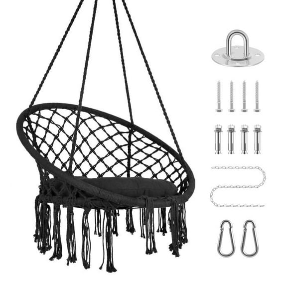 Macrame Hammock Hanging Swing Chair with Cushion, 330LBS Heavy Duty, 31.5" Soft Seat, Steel O-Rings for Bedroom Balcony Porch Garden Indoor Outdoor (Black)