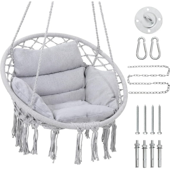 Macrame Hammock Hanging Swinging Chair with Medium Cushion, Perfect for Bedroom, Porch, Adults, Balcony, Grey