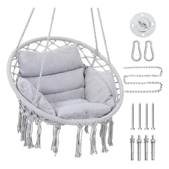 Macrame Hammock Hanging Swinging Chair with Medium Cushion, Perfect for Bedroom, Porch, Adults, Balcony, Grey