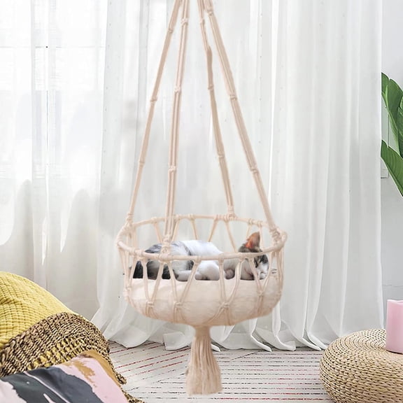 Macrame Hanging Cat Hammock Bed, Boho Handwoven Cotton Rope Swing with Soft Cushion, Cozy Elevated Cat Bed for Indoor Cats, Decorative Wall or Ceiling Mounted Cat Perch