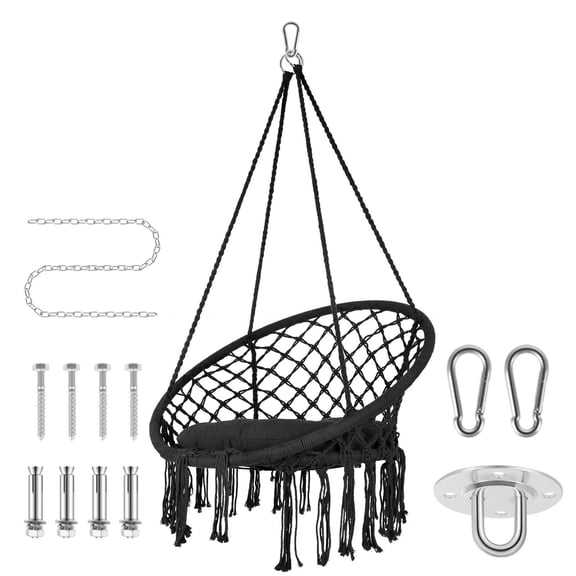 Macrame Hanging Chair, Hand-Woven Cotton Rope Hammock Swing Chair with Cushion & Mounting Hardware, 330LBS Capacity, Black Boho Tassel Swing for Indoor/Outdoor Bedroom Patio Garden