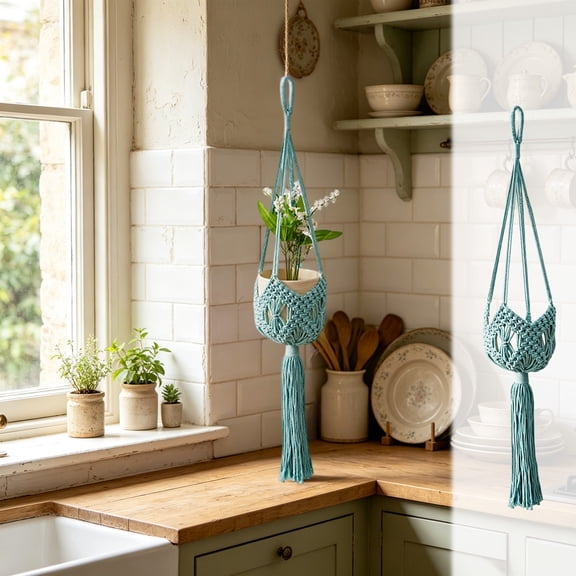 Macrame Hanging Fruit Basket with Tassels, Cotton Net Storage Bag for Boho Kitchen Decor