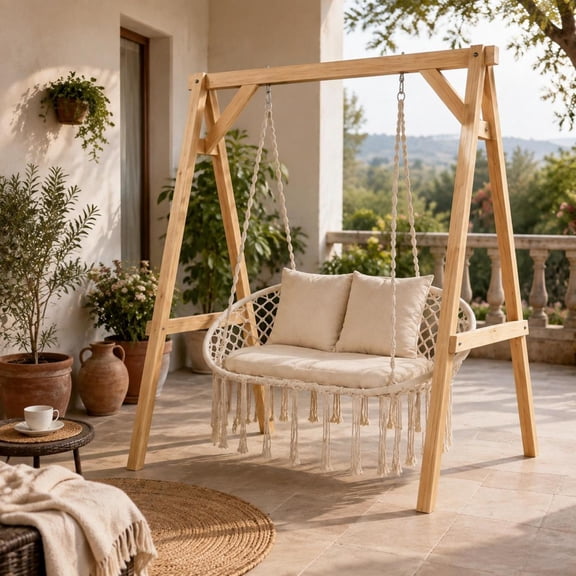 Macrame Hanging Hammock Chair with Cushions, Double Swing Chair, Indoor Outdoor Lovseat, Beige