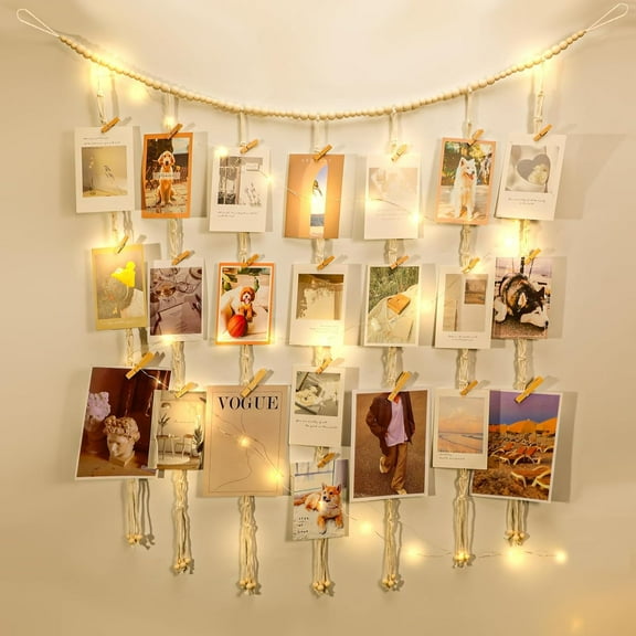 Macrame Hanging Photo Display Boho Wall Decor, Picture Christmas Card Holder with String Lights, Photo Hanger with 30 Clips for Room, Dorm, Nursery, Home Decor