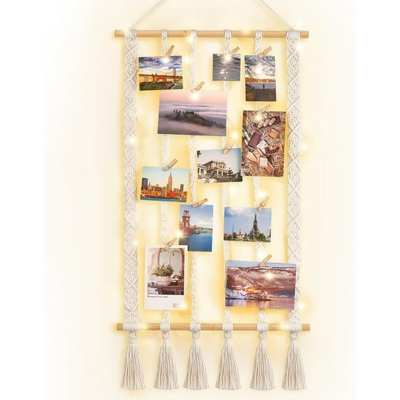 Macrame Hanging Photo Display Dorm Wall Decor Boho Picture Frames Collage for Picture String with Clips Photo Hanger with Lights Artwork for Teen Girl College Living Room Bedroom Christmas Gift
