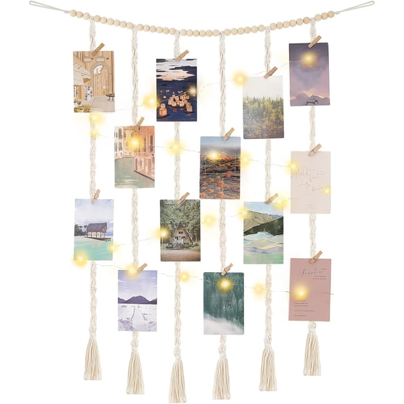 Macrame Hanging Photo Display Wall Decor with String Lights, Boho Wooden Beads Garland Collage Picture Card Frame Holder with 30 Clips for Bedroom Living Room Dorm
