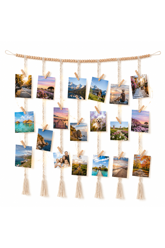 Macrame Hanging Photo Display Wall Decor with String Lights Boho Wooden Beads Garland Collage Picture Card Frame Holder with 45 Clips for Bedroom Living Room Christmas Wedding Party