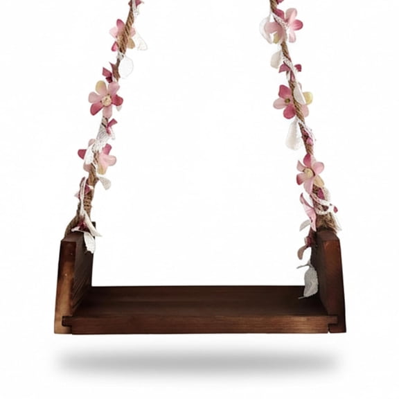 Macrame Hanging Seat with Floral Rope, Wooden Swing for Photography - Safe & Comfortable Photo Prop for Newborns(Q)