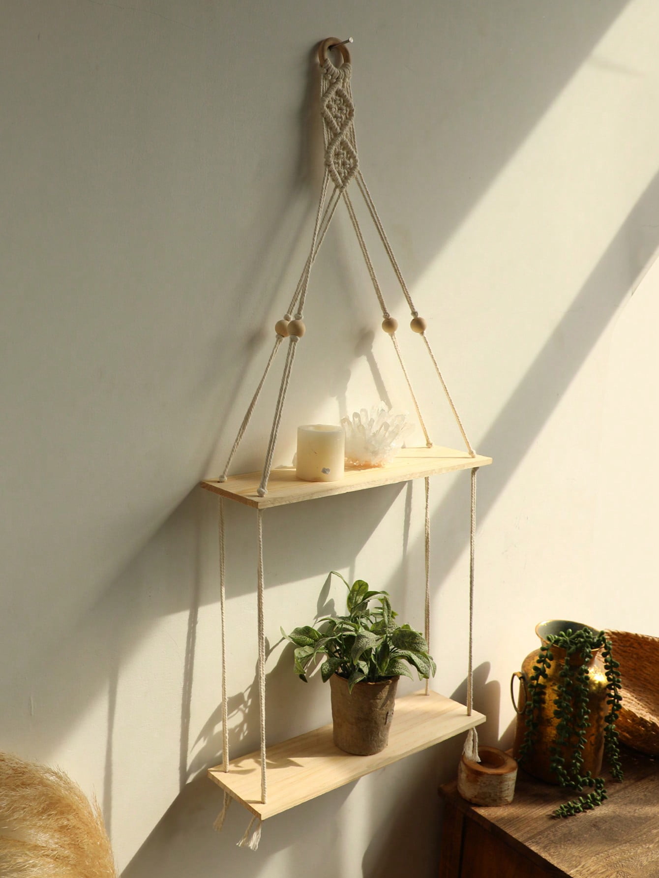 Macrame Hanging Shelf Wall Decor Handmade Rope Rustic Wood Floating