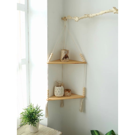 Macrame Hanging Shelf Wall Decor Handmade Rope Rustic Wood Floating Wall Shelf Display Stand Corner Wall Shelf For Photos Plant