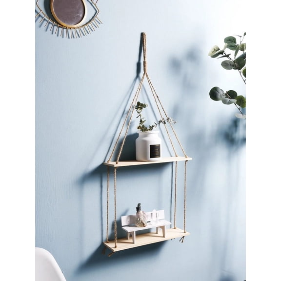 Macrame Hanging Shelf Wall Decor Handmade Rope Rustic Wood Floating Wall Shelf Display Stand Corner Wall Shelf For Photos Plant