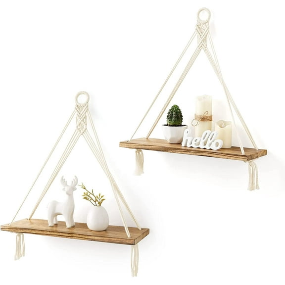 no Macrame Hanging Shelves Boho Wall Decor Set of 2 Rustic Wood Floating Storage Shelf for Bedroom Bathroom Living Room Nursery Dorm Room, Display Shelving for Hanging Plants Photos