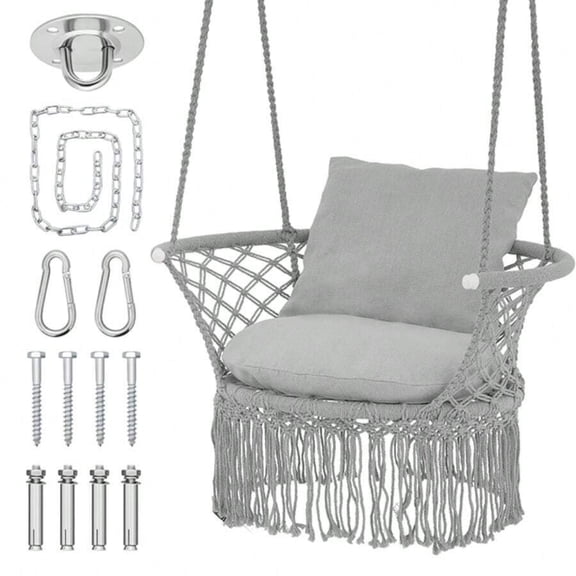Macrame Hanging Swing Chair, Boho Style Cotton Rope Hammock Chair W/Tassels Max 350 Lbs For Bedroom, Living Room, Porch, Balcony