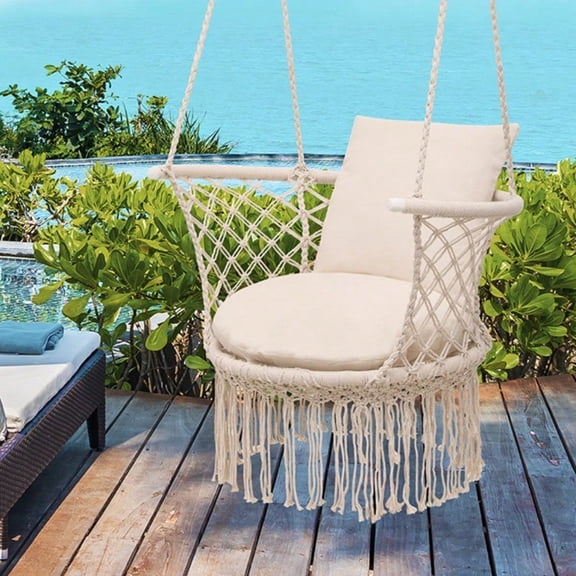 Macrame Hanging Swing Chair, Boho Style Cotton Rope Hammock Chair with Tassels, Heavy Duty Hanging Chair for Bedroom, Living Room, Porch and Balcony