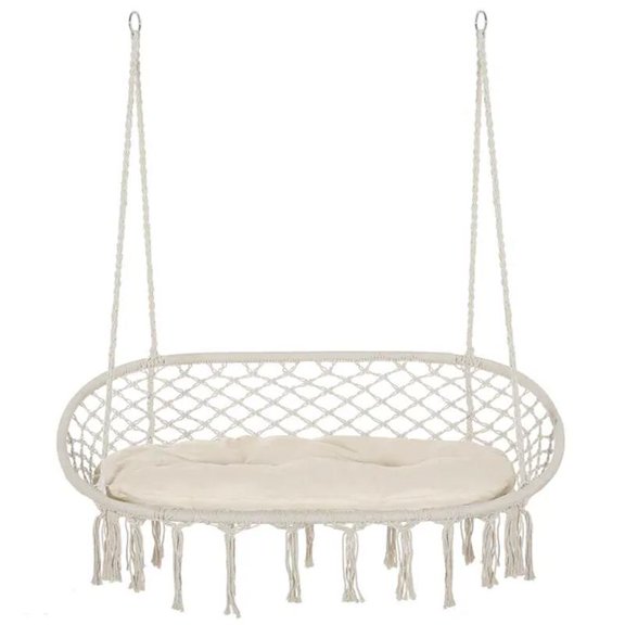 Macrame Hanging Swing Chair, Cotton Rope Seat with Cushion & Metal Frame