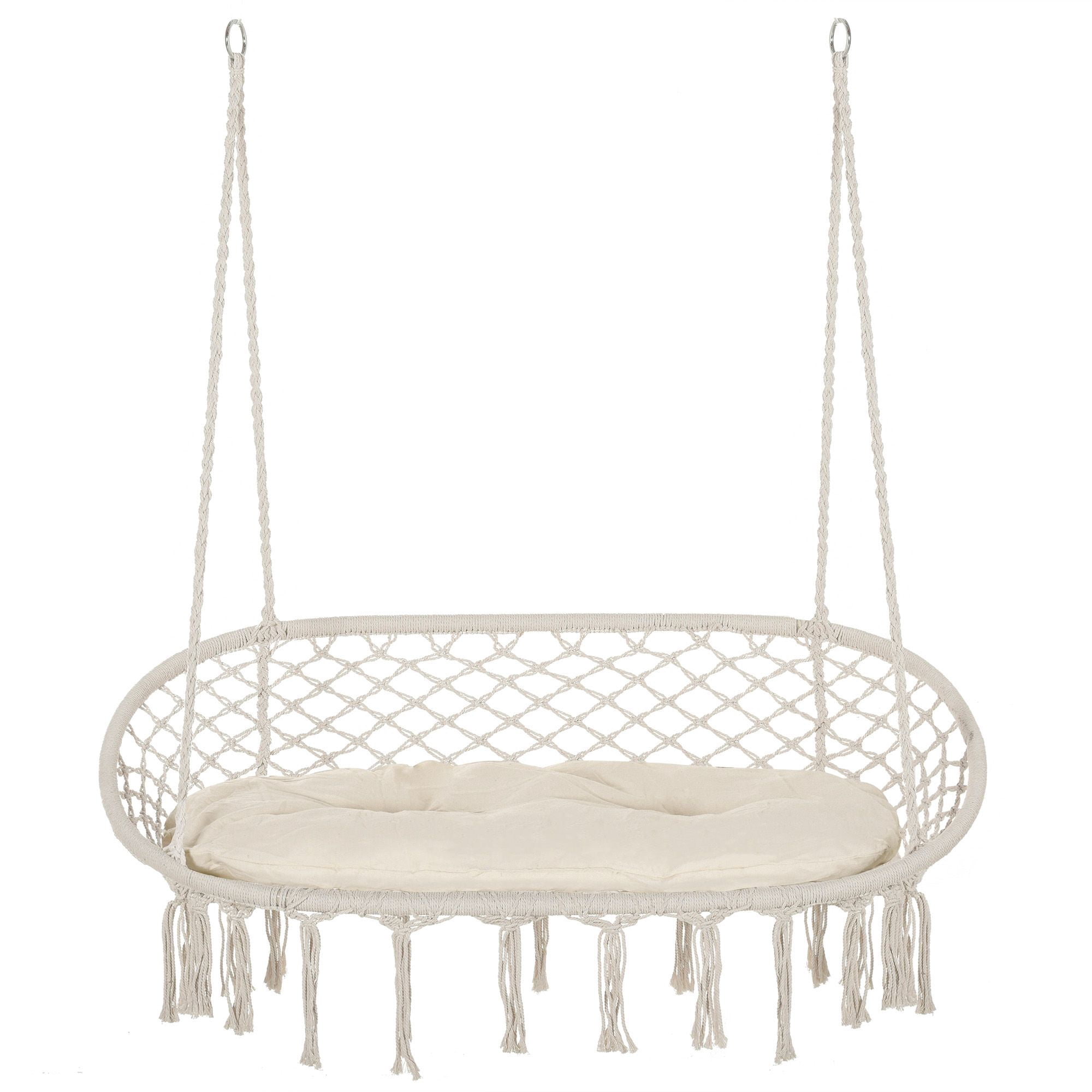 Macrame Hanging Swing Chair, Cotton Rope Seat with Cushion & Metal Frame