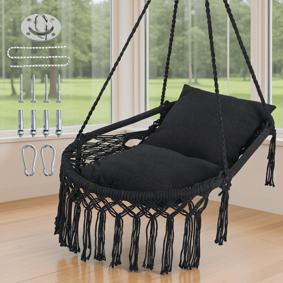 Macrame Hanging Swing Chair with 2 Cushions, 330 lbs Capacity, Bohemian Fringe Hammock Chair for Indoor Outdoor Use, Black