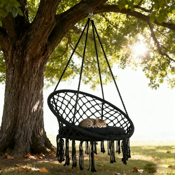 Macrame Hanging Swing Chairs, Handmade Knitted Hanging Chair with Cushion and Hardware Kit, Outdoor Hammock Chair for Patio, Balcony, Bedroom