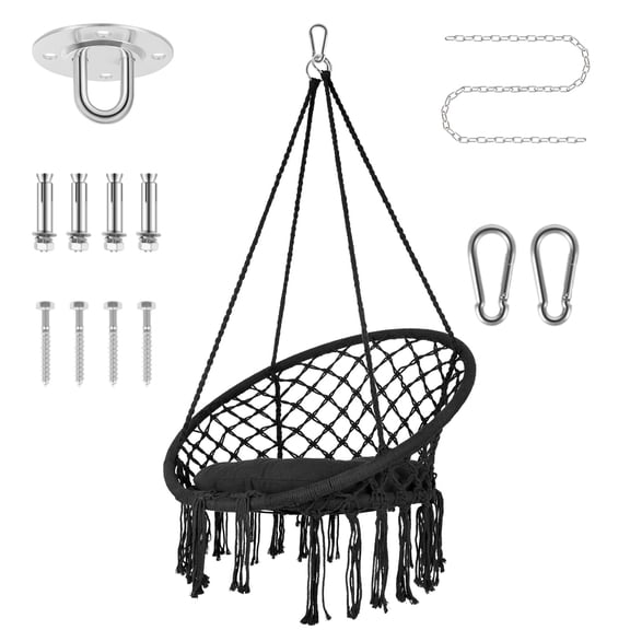 Macrame Hanging Swing Chairs, Swing Chair Hanging Cotton Rope Swing Chair with Cushion and Hardware Kit, Hammock Chair for Outdoor Relaxation