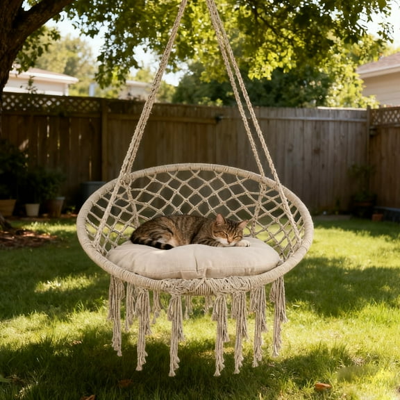 Macrame Hanging Swing Chairs, Swing Hammock Chair with Medium Cushion, Handmade Knitted Hanging Chair for Indoor Bedroom, Outdoor Yard, Garden