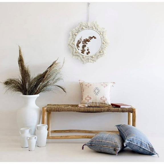 Macrame Hanging Wall Mirror - Boho Fringe Round Handmade Decorative Acrylic Mirror for Apartment Living Room Bedroom Baby Nursery Home Decor (Wood Beads)
