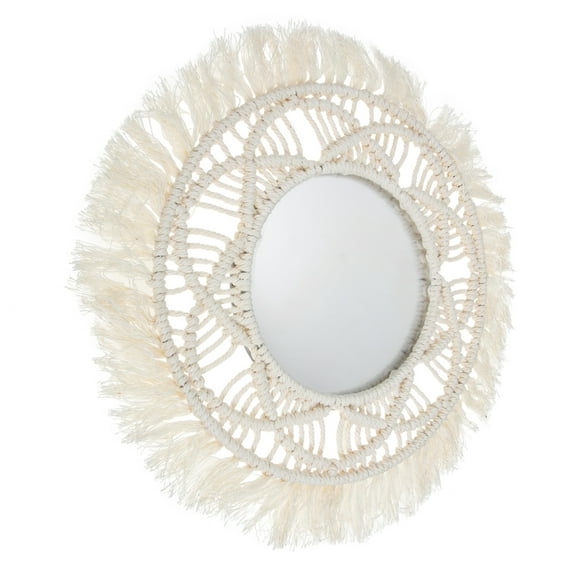 ifundom Boho Macrame Fringe Mirror Beige Woven Bohemian Style Wall Hanging Indoor Home Decor 1 Piece