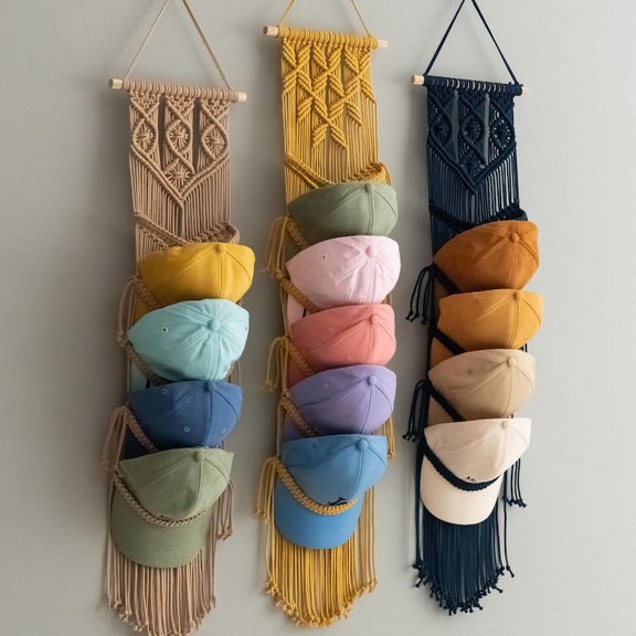 Macrame Hat Hanger - Handmade Cap & Hat Storage Rack, Wall Mounted Closet Organizer with Bohemian Style for Baseball Caps & Accessories