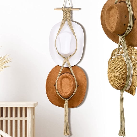 Macrame Hat Hangers Boho Hat Hangers for Wall Bohemian Women Hat Rack Hat Organizer for Wall Hanging Hat Display Hand Weaving Hat Rack Decorative Cap Holder for Wide Brim Cap