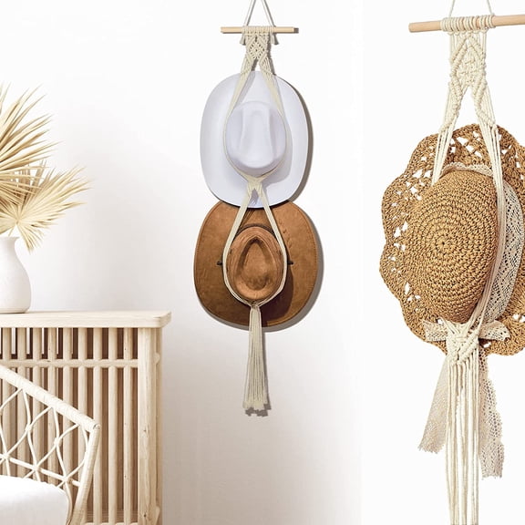 Macrame Hat Hangers Boho Hat Rack Cowboy Hat Hanger Back of Door Hat Organizer, Two Hats Style