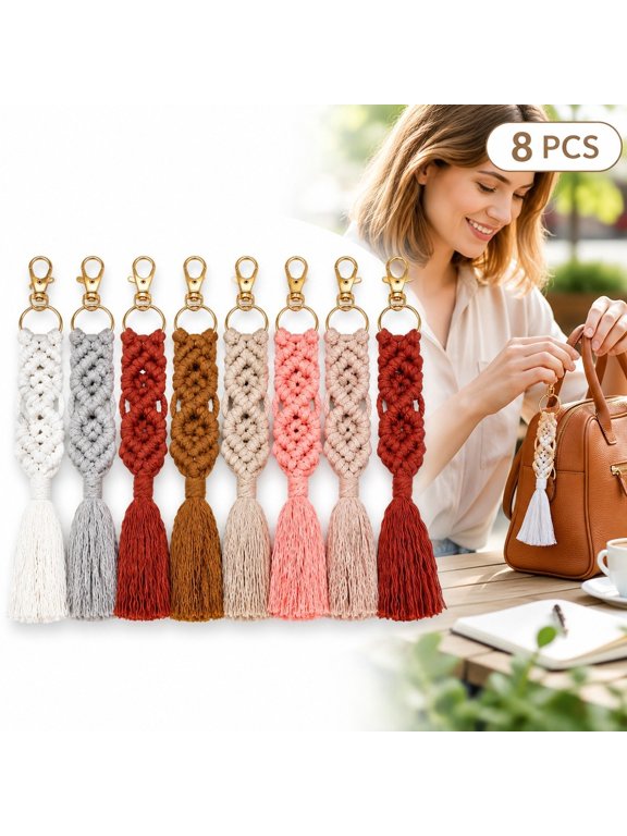 Macrame Keychain 8 Pack, Handwoven Cotton Tassel Keychains with Gold Clips for Bags, Purses, Backpacks and Car Keys