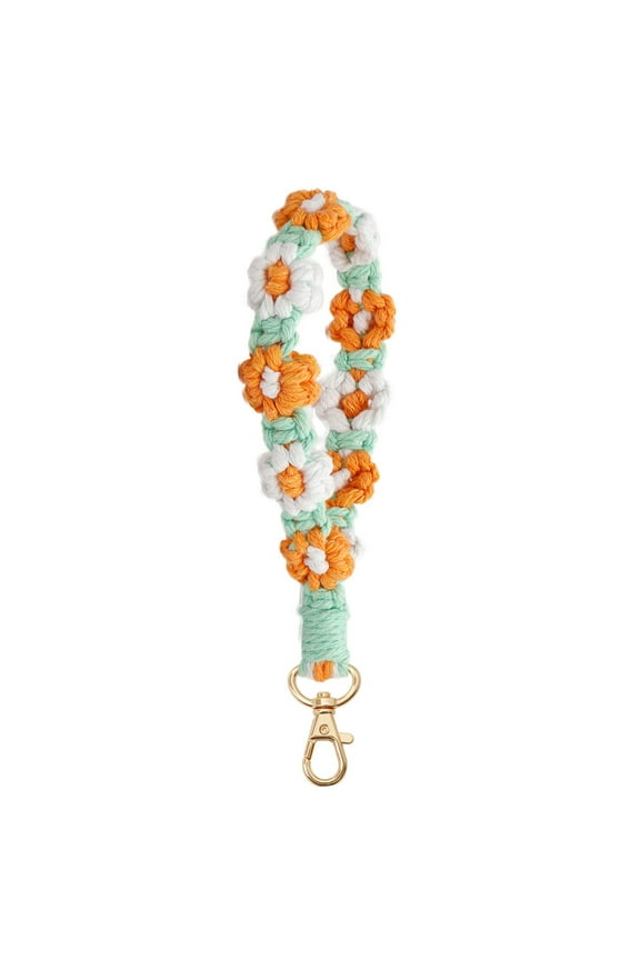 Macrame Keychain Wristlet with Flower Pattern – Handmade Woven Lanyard for Keys Car Keys House Keys, Boho Cotton Rope Key Ring for Purse Charm Bag Accessory, Warm Natural, By Harlik