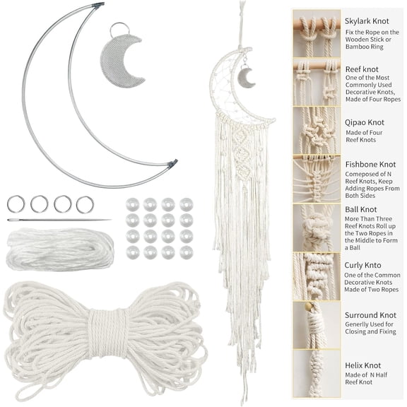 Macrame Kit for Beginners, DIY Dream Catcher Adults, Moon Wall Hanging Kit, Starter Craft Set - 3mm Cord, Beads, Metal Rings, Supplies (Natural) Natural