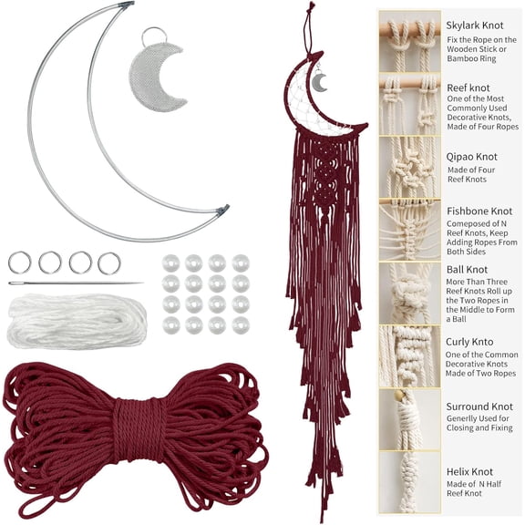 Macrame Kit for Beginners, DIY Dream Catcher Adults, Moon Wall Hanging Kit, Starter Craft Set - 3mm Cord, Beads, Metal Rings, Supplies (Wine red) Wine red