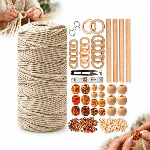 Macrame Kit for Beginners, 227-Piece Set with 225 Yards Cotton Cord, Wood Rings and Beads for DIY Wall Decor