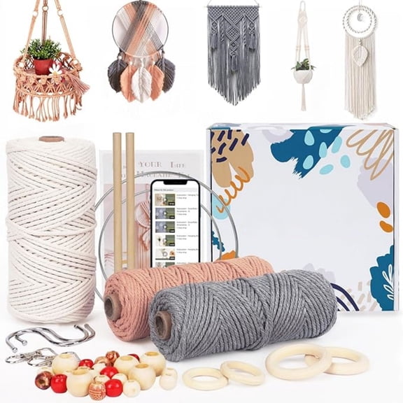 Macrame Kits for Adults Beginners with 656 Feet 3 mm Cotton Cord | DIY Macrame Plant Hanger Kit with Macrame Supplies and Instructions, Macrame Beads, Wooden Rings, Dream Catcher Rings
