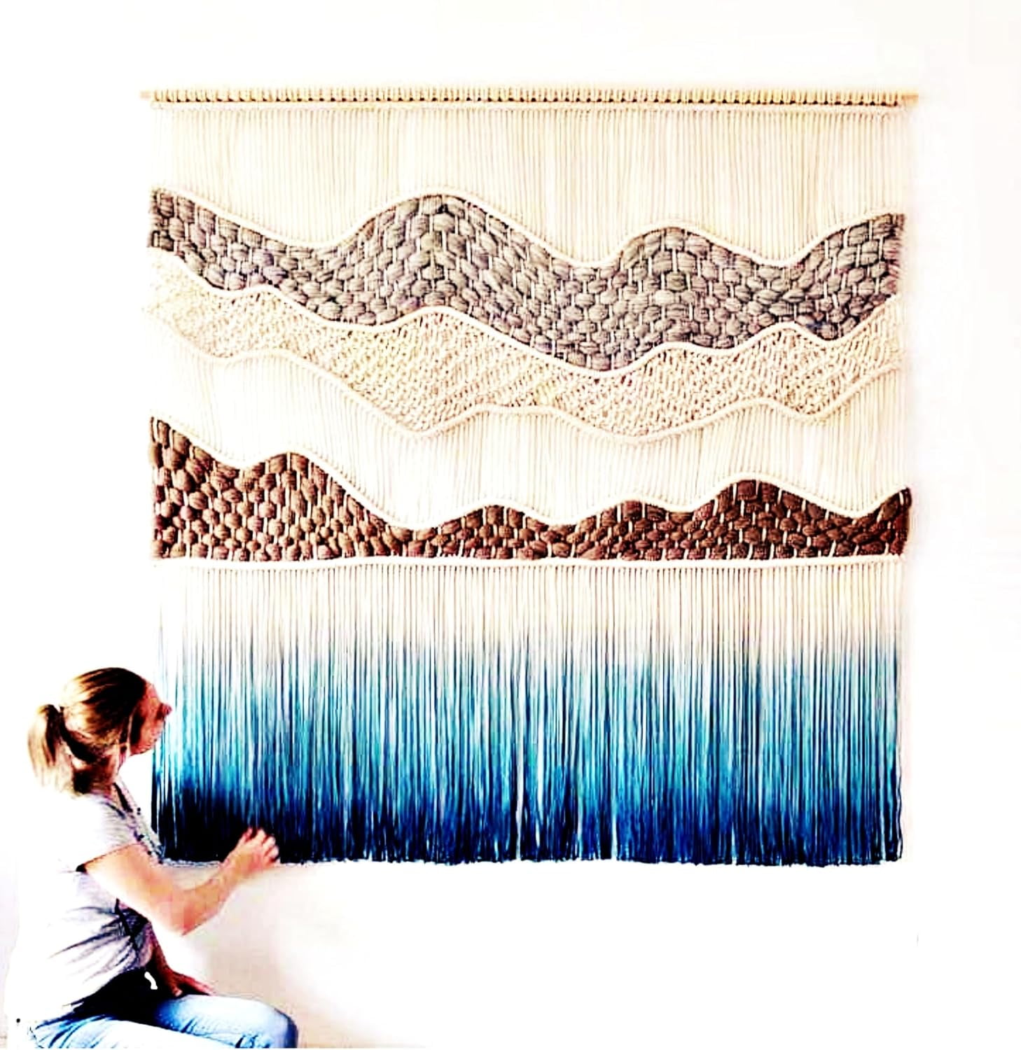 Macrame Knotted Wall Hanging Modern Teal, Ivory, Grey Colors Macrame