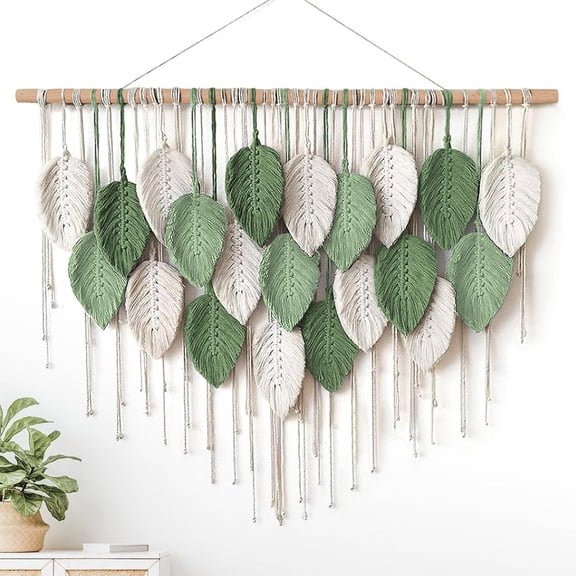 Macrame Leaf Wall Hanging, Hand Woven Cotton Rope Tapestry, Boho Wall Decor for Living Room Bedroom Background Wall