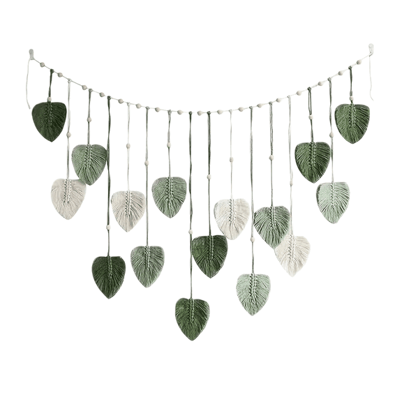 Macrame Leaf Wall Hanging – Handwoven Boho Tapestry with Feather Tassels for Nursery, Bedroom & Living Room Decor