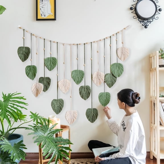 Macrame Leaves Wall Hanging 47.2x29.5Inch Large Chic Feather Boho Macrame Wall Decor Leaf Hanging Photo Display Handmade Woven Wall Art Tapestry