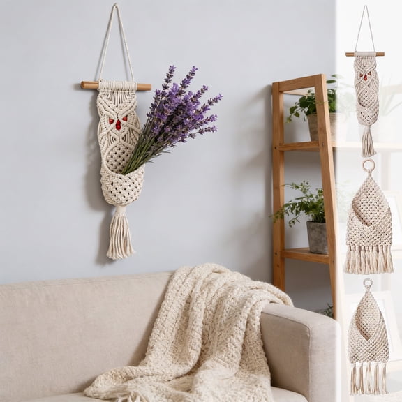 Macrame Mail Organizer Wall Mounted Hanging Basket, Handmade Woven White Cloth, 22"x7.87" Storage, Boho Wall Decor for Entryway, Office, Bedroom, Keys, Magazines