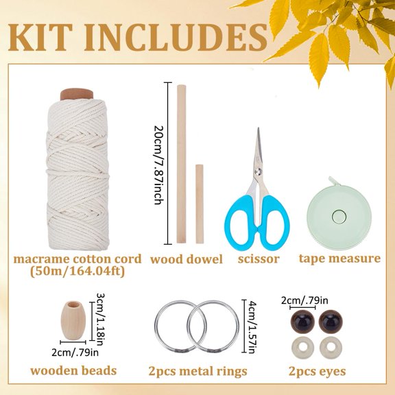Macrame Owl Wall Hanging Kit with Cotton Rope Wooden Dowel and Tutorial 1 Pack