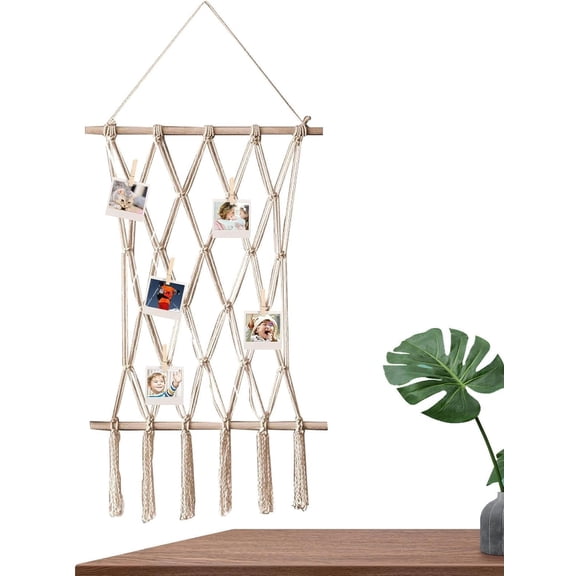 Macrame Photo Hanger, 31.5x15.7 Inch Boho Wall Hanging Picture Frame with 10 Wood Clips for Teen Room Decor