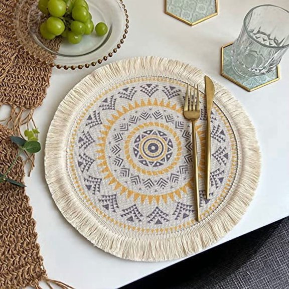 Macrame Placemats - Round Handmade Cotton Woven Boho Vintage Placemats - Modern Farmhouse Fringe for Dining Table, Kitchen, Bohemian Wedding Décor, Rustic Natural