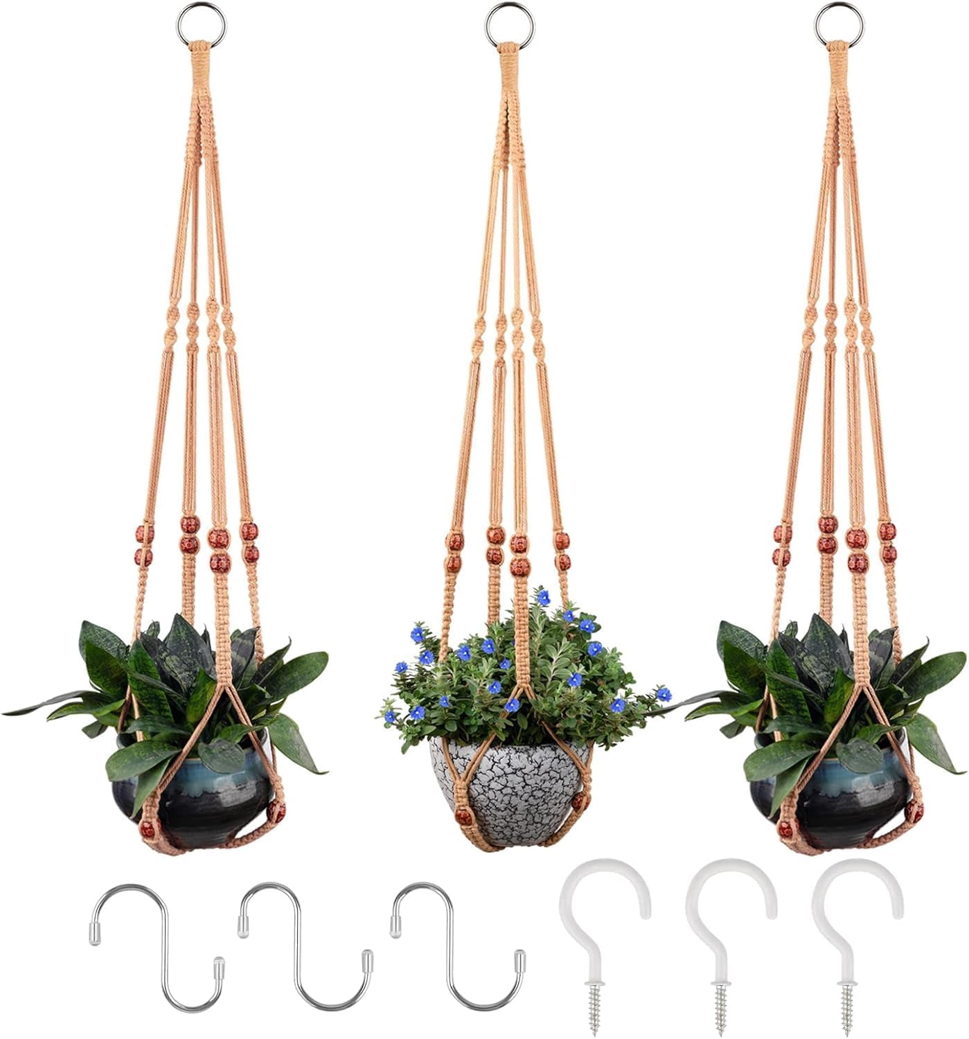 Macrame Plant Hanger for 5 to 10 Inch Plant Pots, 35 Inch Woven Rope Hanger Kits with Hooks and Wood Beads, Hanging Planter Basket for Indoor Boho Home Decor (Brown, 3 Pack)